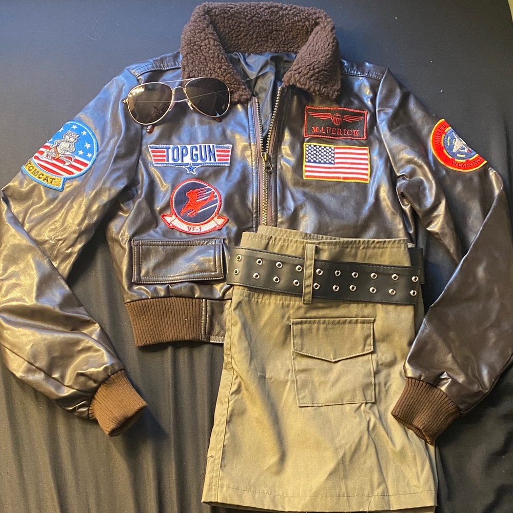 Leg Avenue Brown Faux Leather Aviator Jacket with Patch Details